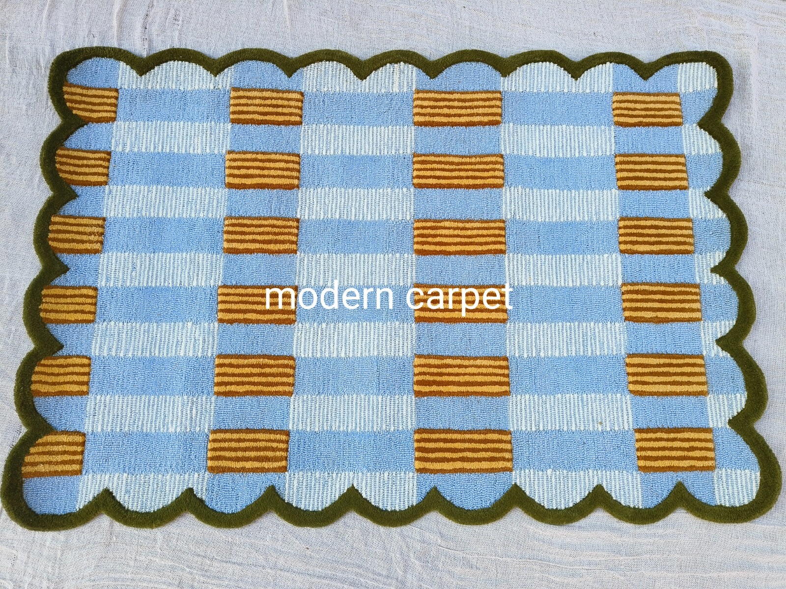 Handmade Wool Tufted Rug Mustard Blue | Modern Geometric Carpet Cozy Home Decors