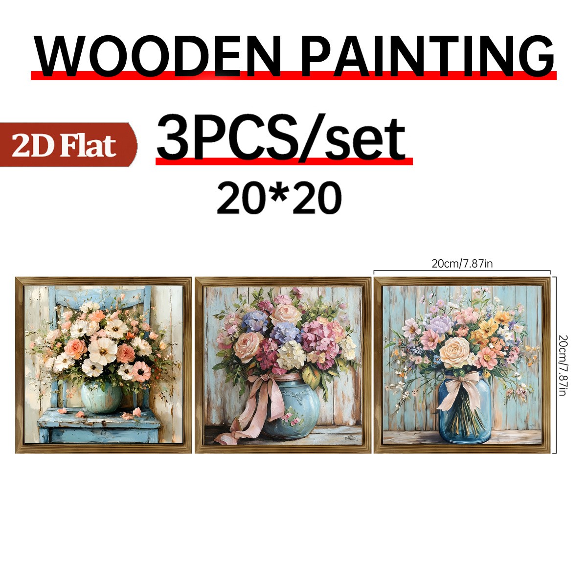 3Pcs Rustic Rose Hydrangea Still Life Wooden Sign Framed Floral Bathroom Decor