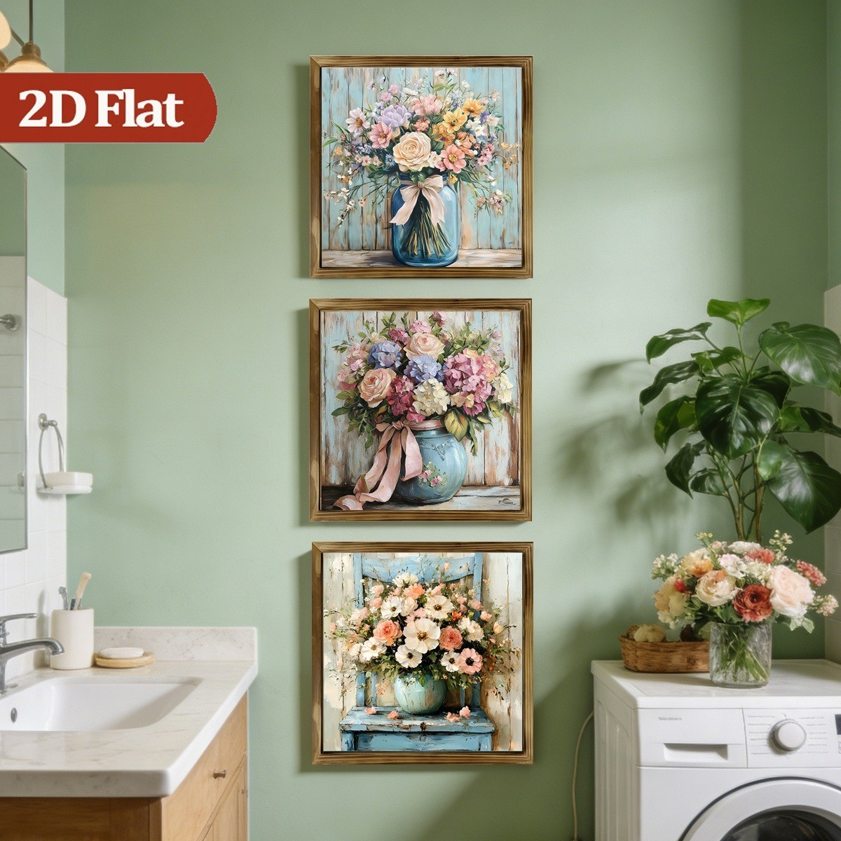 3Pcs Rustic Rose Hydrangea Still Life Wooden Sign Framed Floral Bathroom Decor