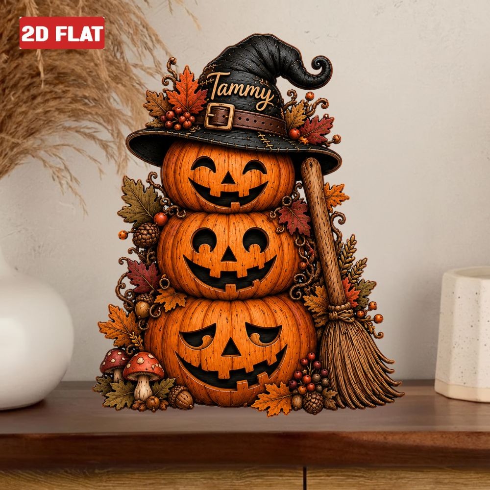 Custom Halloween Pumpkin 2D FLAT Wood Block Spooky Pumpkin Fall Cozy Sign Decor
