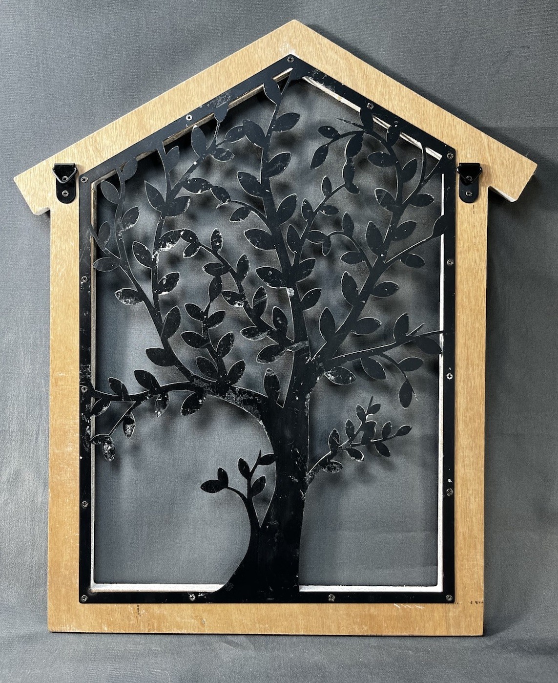 Tree Of Life Wall Hanging Metal With House Shaped Wood Frame 18.5″H x16″W