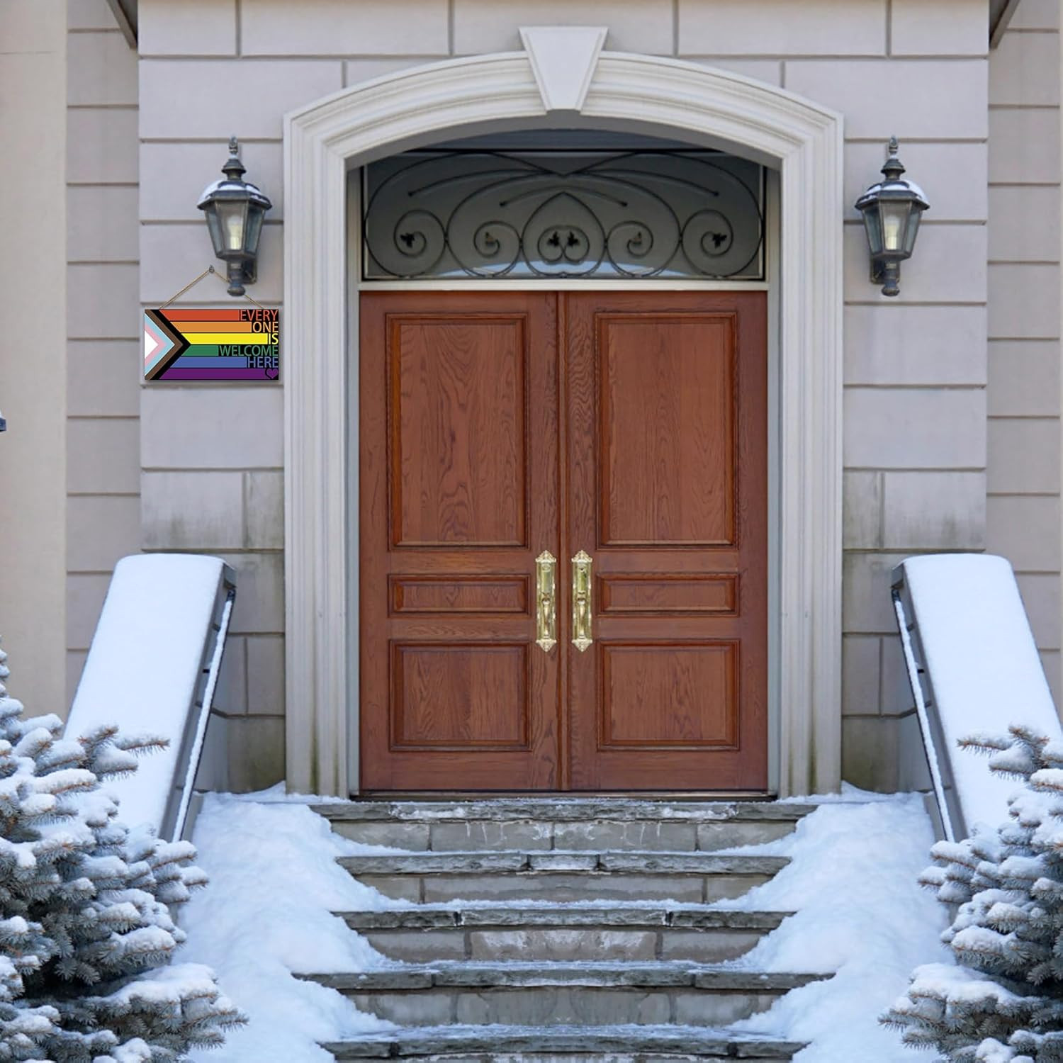 LGBT Rainbow Sign Front Door Decor, Every One Is Welcome Here Pride Flag Wooden