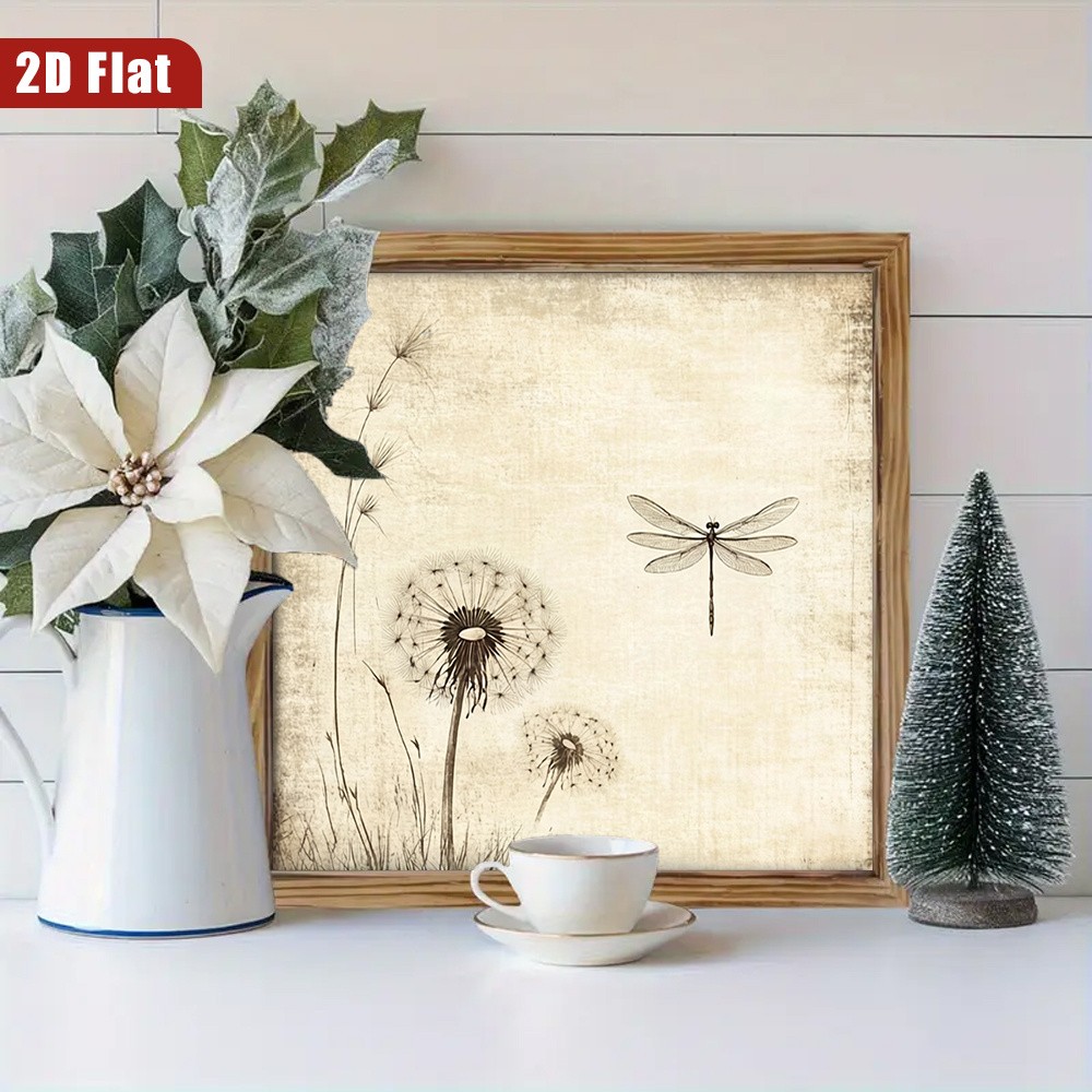 Farmhouse Framed Dandelion Dragonfly Wall Art Vintage Nature Home Decor 8x8in