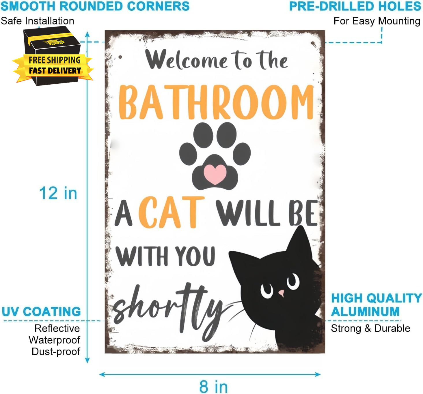 Vintage Tin Metal Sign – Funny Bathroom Black and White Cat Wall Art for Bathroo