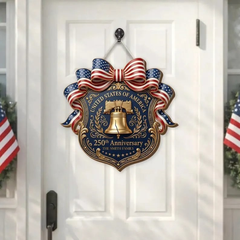 Custom American Patriotic Wooden Door Sign, Liberty Bell, Family Name