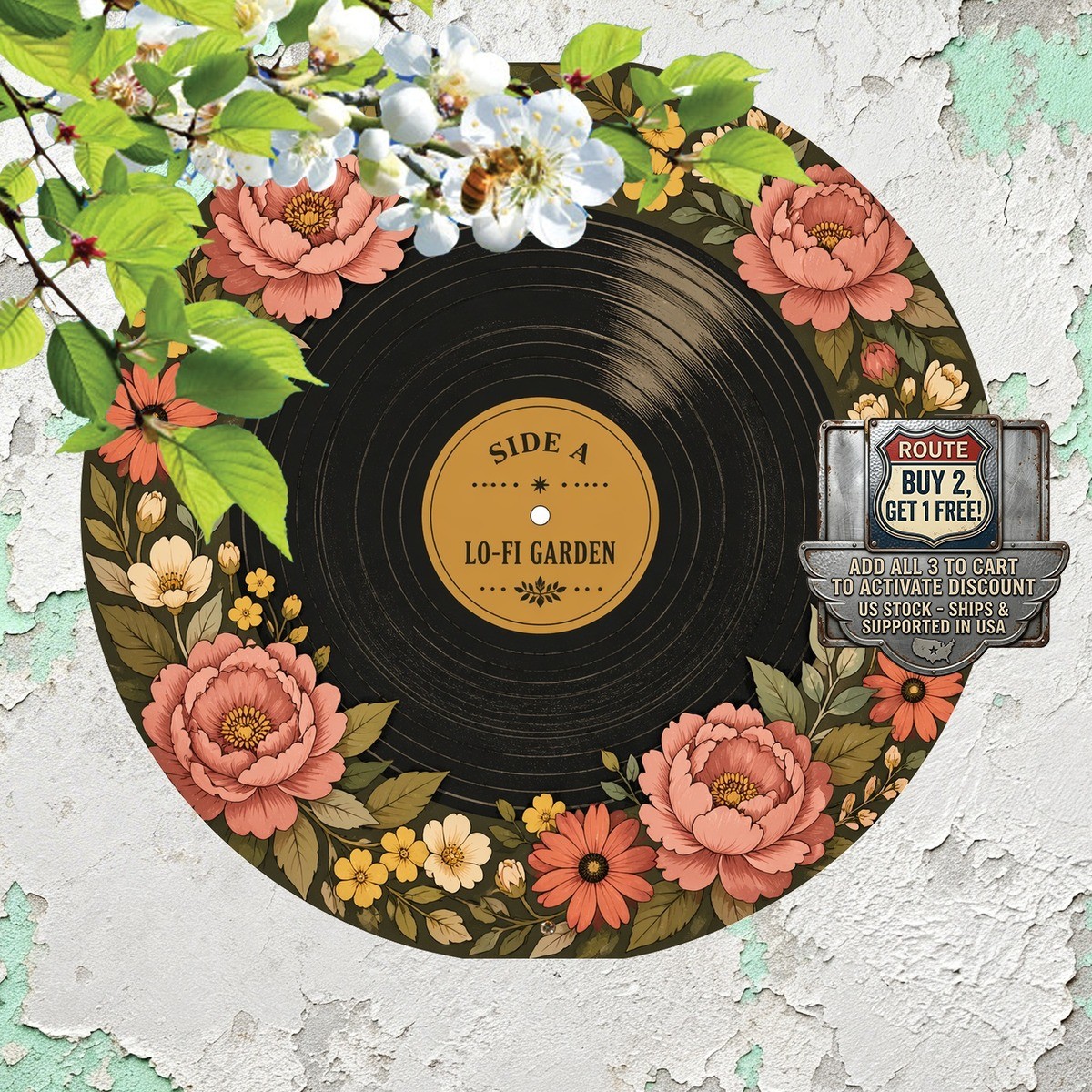 Botanical Vinyl Record Round Metal Sign Music Wall Decor