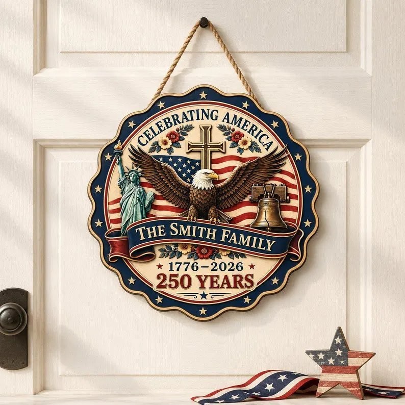 Custom Family Name USA 250th Anniversary Wood Sign, Eagle Door Decor