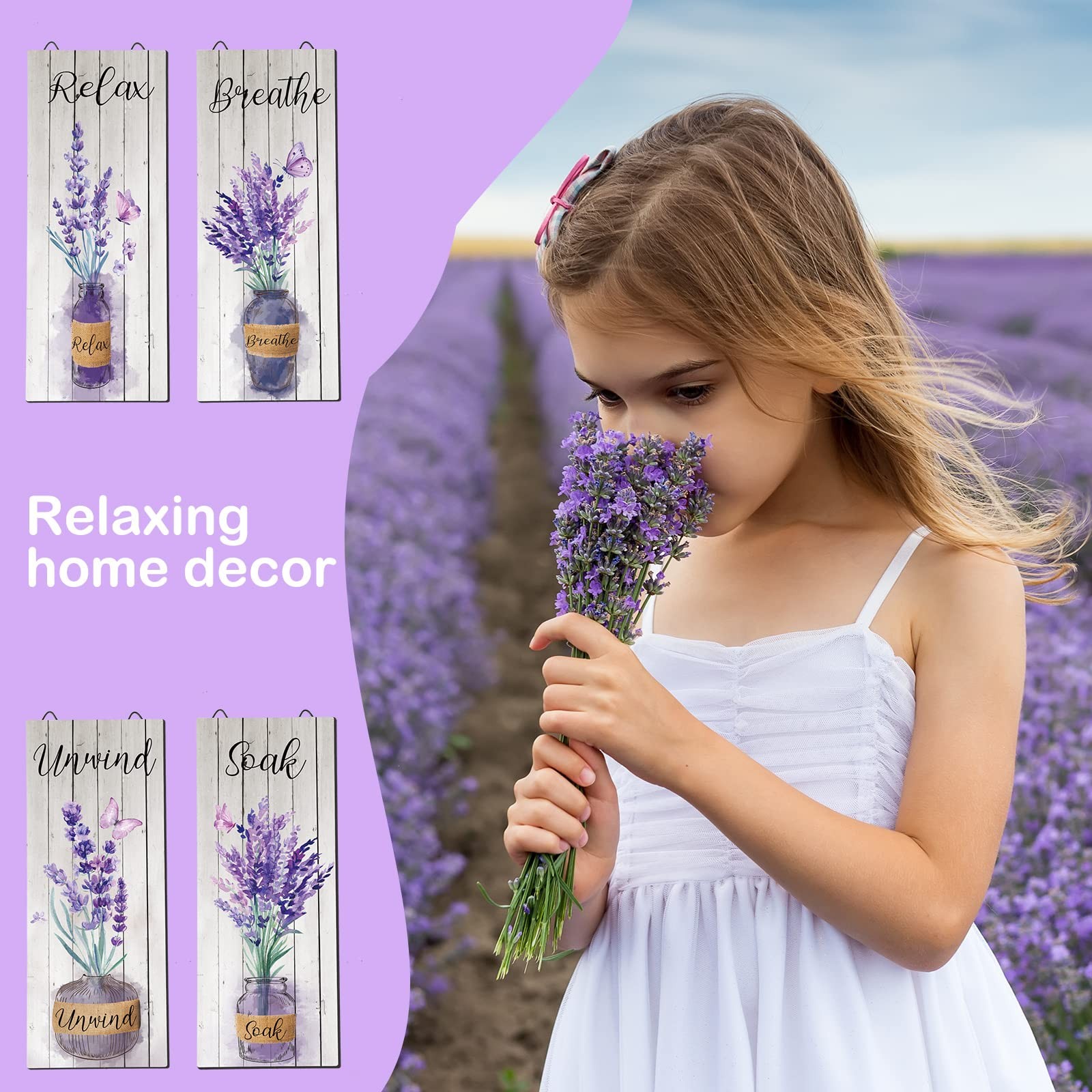 4 Pcs Lavender Bathroom Decor Purple Wall Art 10 x 4 in Purple Bathroom Boho …