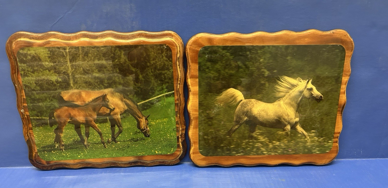 Lot of 2 Vintage Handmade Wood Horse Plaque Rustic Decor Picture