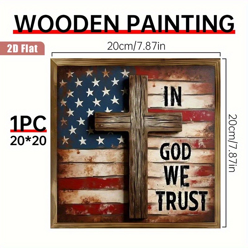 In God We Trust Patriotic Wooden Plaque 4th of July Cross American Flag Decor
