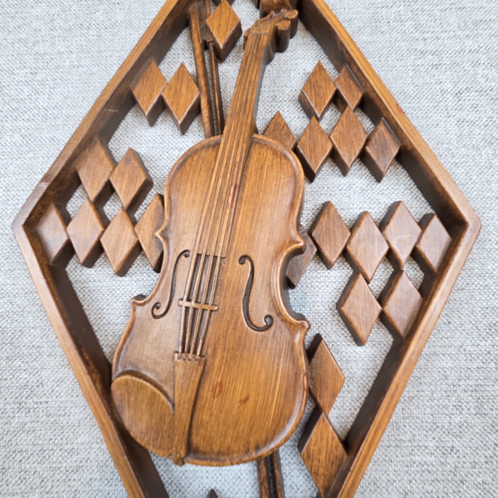 Vintage Set Of 1960s Mid Century Folk Art Musical Wall Plaques Of Violin & Banjo