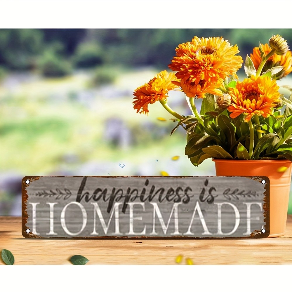 Vintage Metal Wall Art Sign “Happiness is Homemade” Rustic White 4×16″