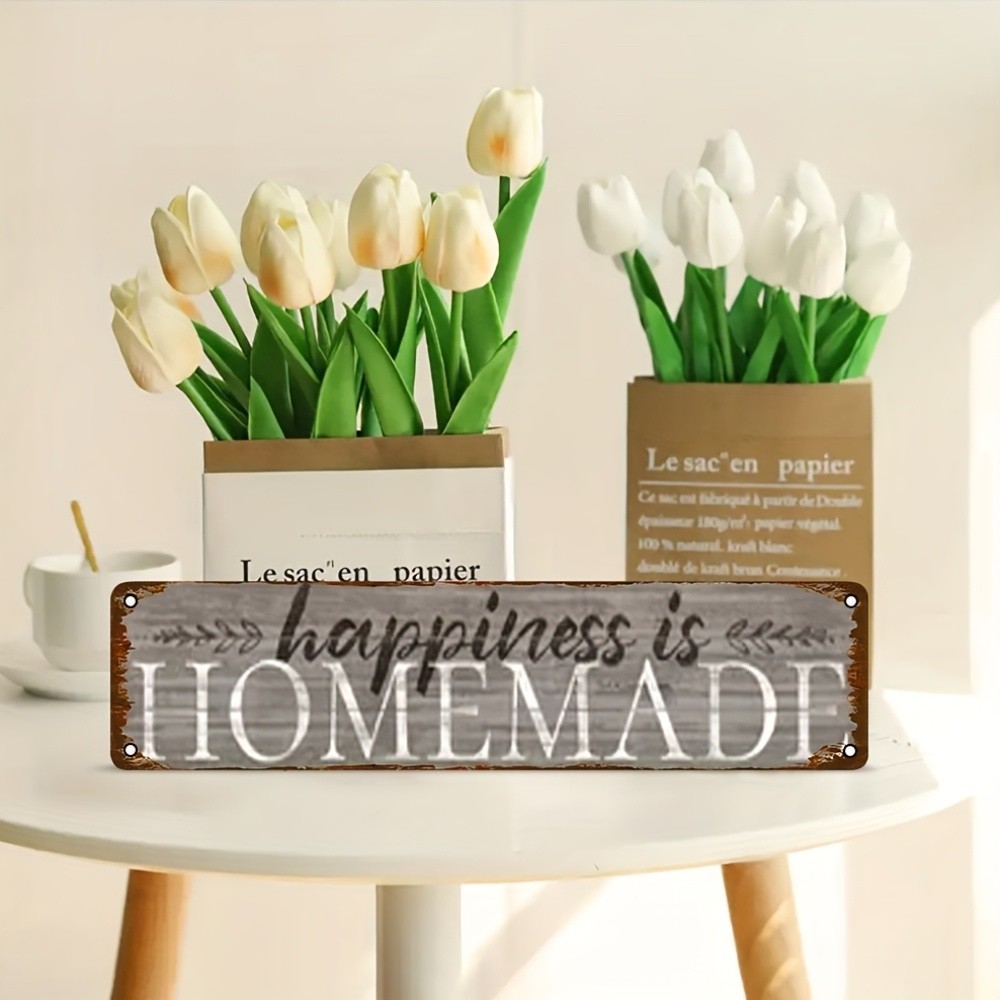 Vintage Metal Wall Art Sign “Happiness is Homemade” Rustic White 4×16″