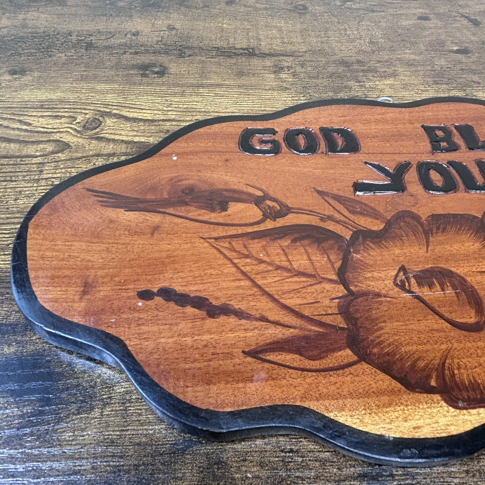 Vintage Wood Sign For Hanging Outside “God Bless You” Folk Art 15”x 8” Handmade