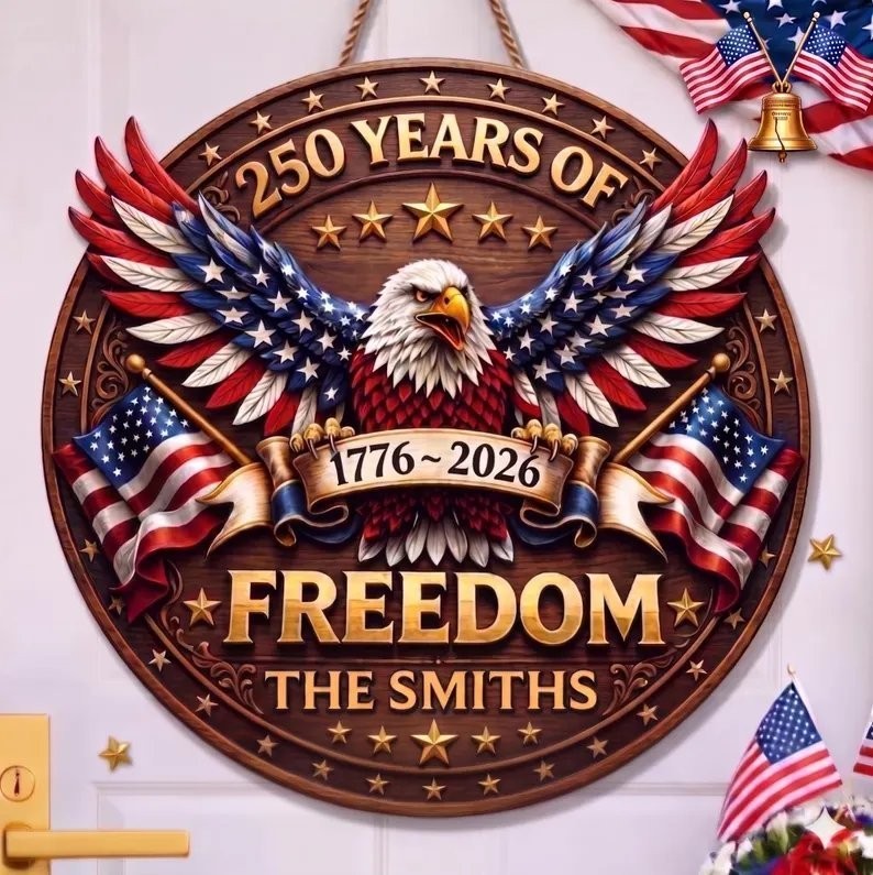 Personalized America 250 Years Wooden Sign, US Flag Eagle Door Hanger