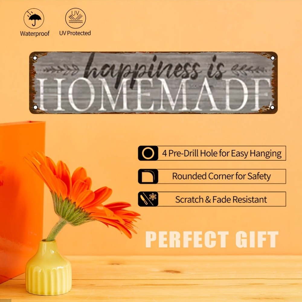 Vintage Metal Wall Art Sign “Happiness is Homemade” Rustic White 4×16″