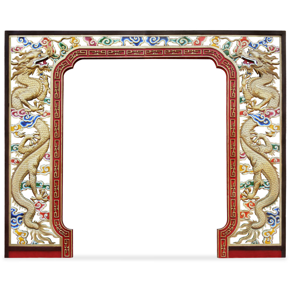 US Seller – Wooden Dragon Motif Chinese Palace Entryway Gate