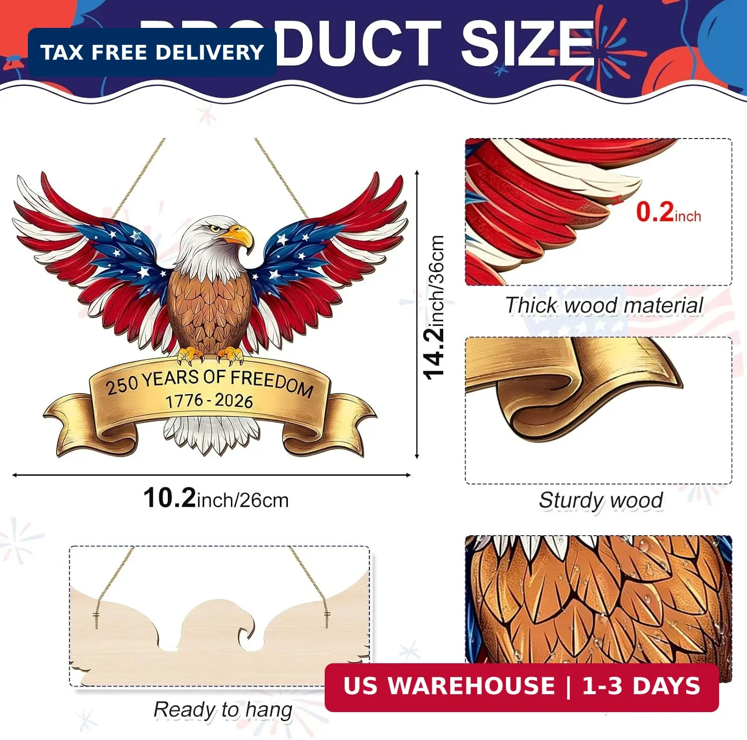 250th Anniversary 4th of July Door Sign, American Eagle 1776-2026 Wreath Patriot
