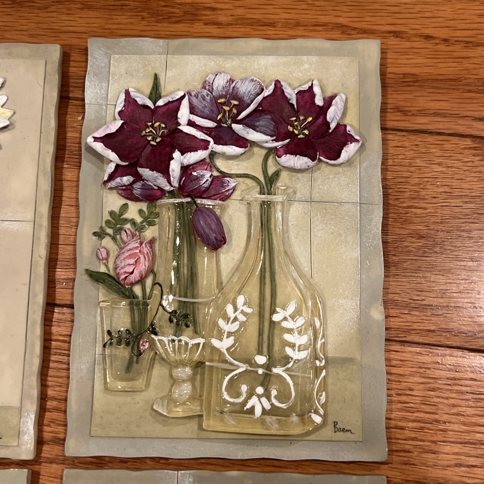 4 Vtg 3D Wall Art Tiles Raised Pink & White Flowers In Resin Vases Boem Set Lot
