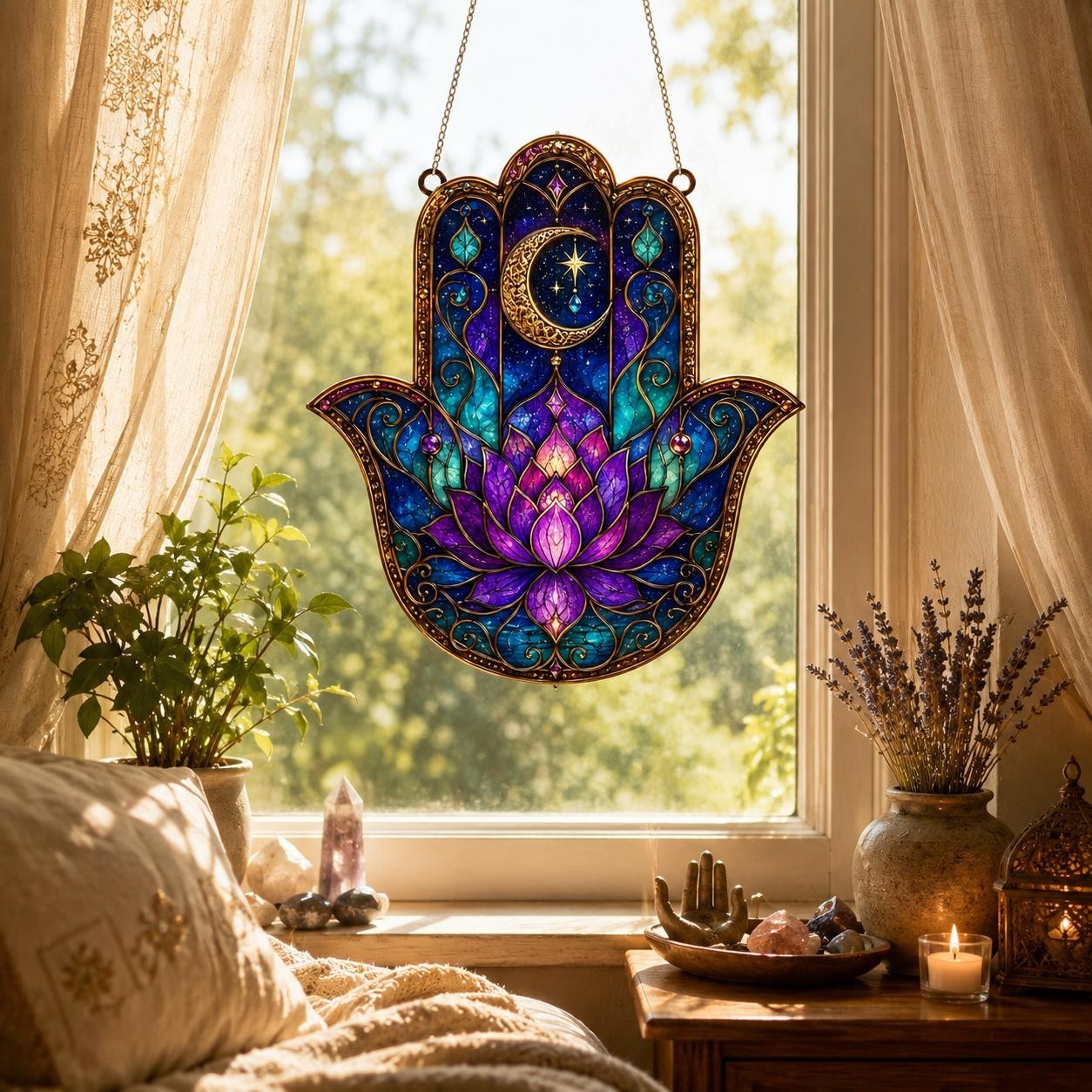 Acrylic Hamsa Hand Suncatcher, Celestial Lotus Flower Window Hanging