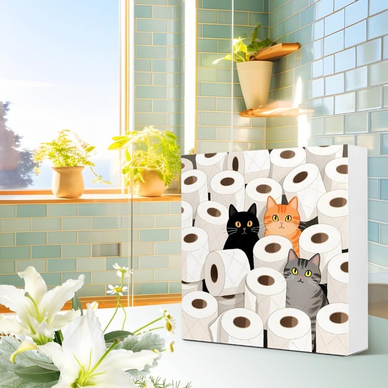 Funny Black Orange Gray Cats in Toilet Paper Rolls Bathroom Wooden Box Sign
