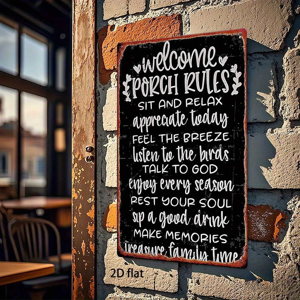 Vintage Metal Sign Porch Rules 8×12 Distressed Decor