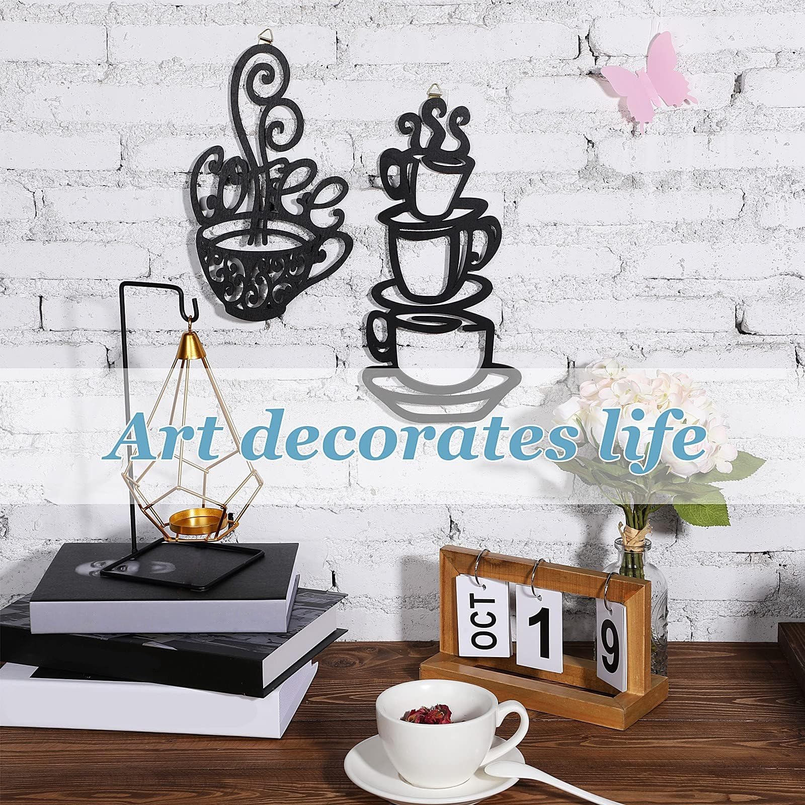 Jetec 2 Pieces Coffee Wall Decor Black Cup Silhouette Kitchen Wall Art Decor Cof