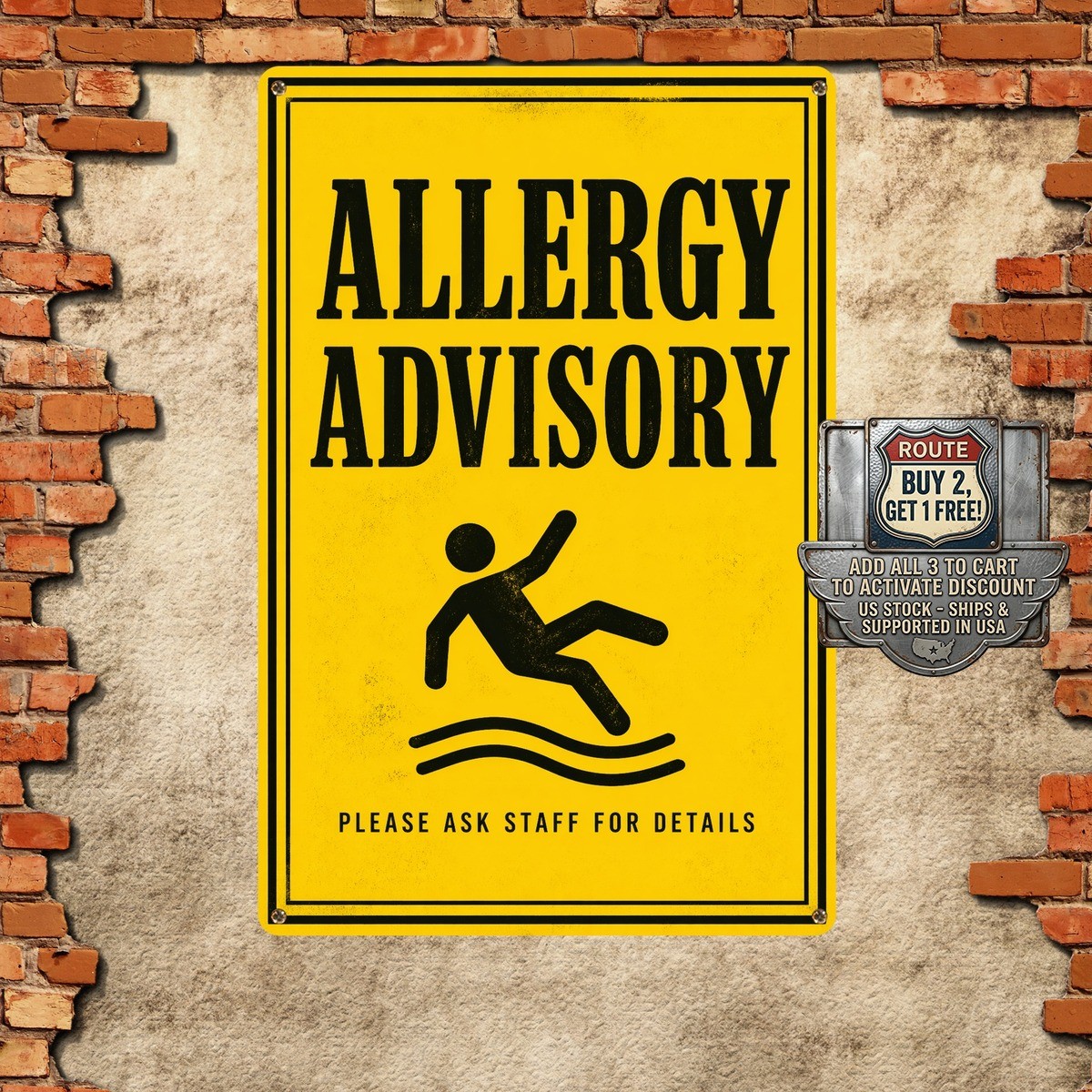 Black Yellow Food Allergy Warning Notice Tin Wall Plate Decor