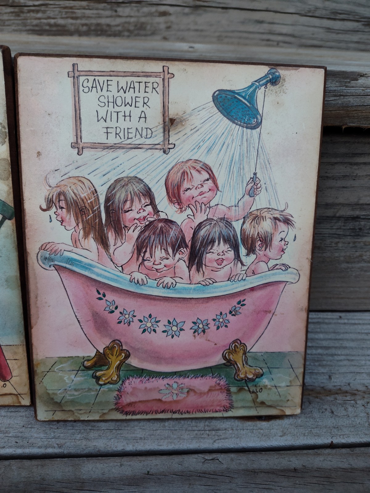 Retro 70’s “Save Water And Cleaniness” Bathroom Signs / Wood – Boys And Girls