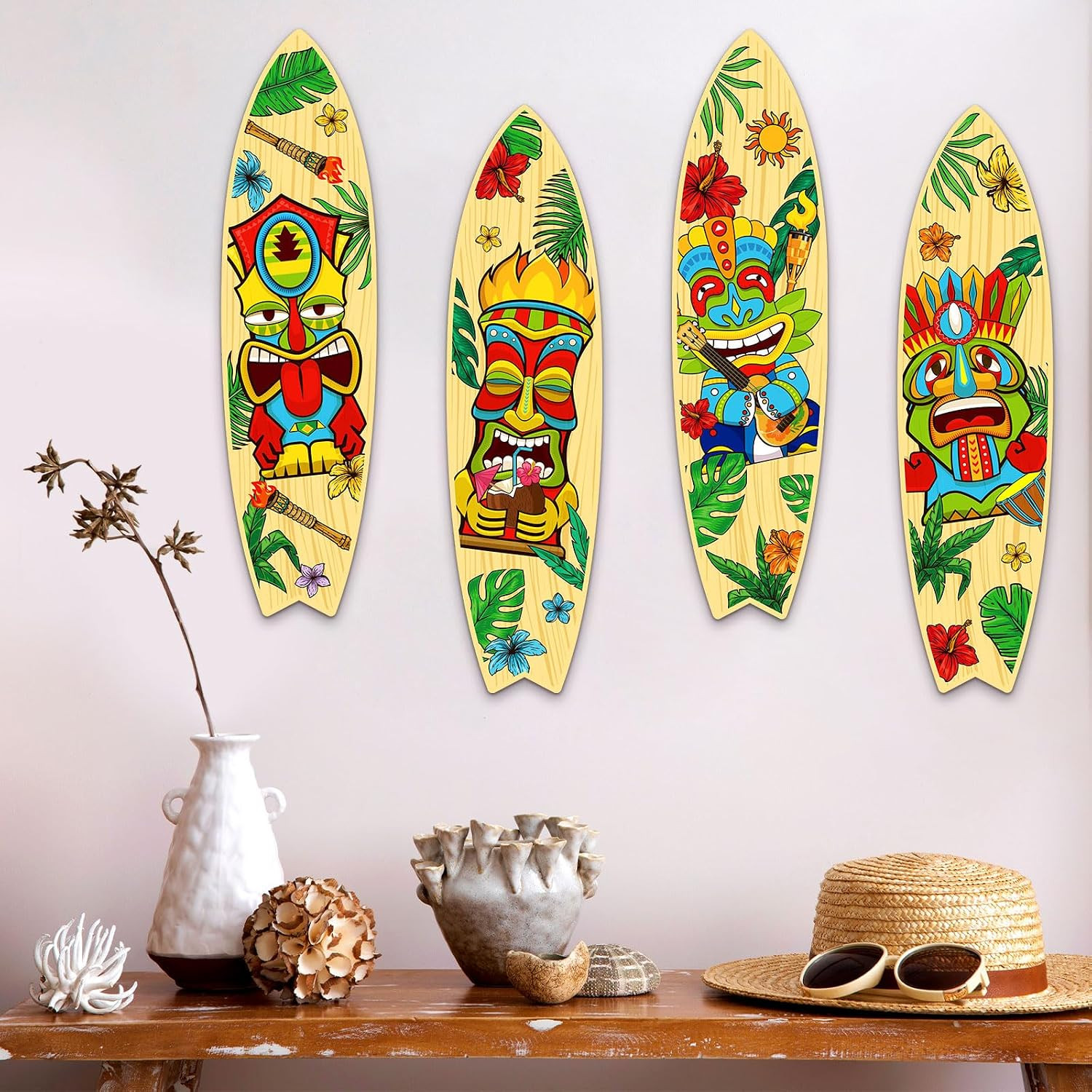4 Pcs Tiki Surfboard Wall Decor Surfboard Wall Hanging Sign Wooden Beach