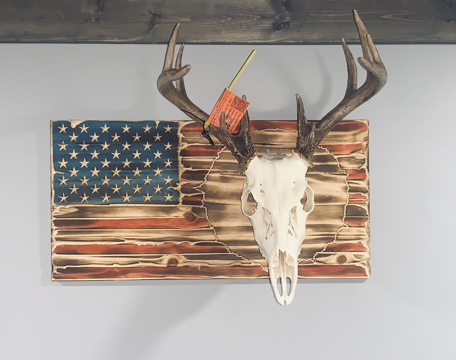 European wall mount Euro Plaque- Deer Skull Mount American Flag