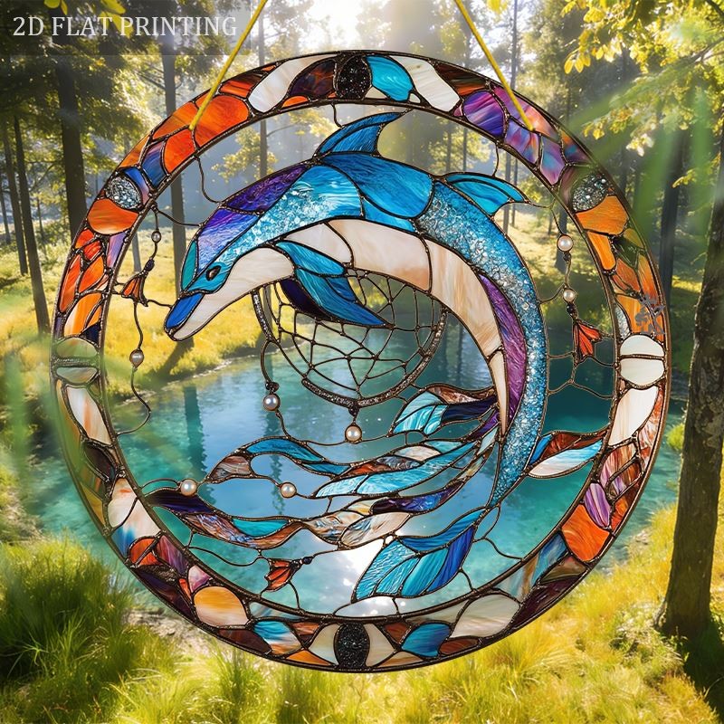 Multicolor Glass Style Acrylic Sun Catcher, Dolphin and Ocean Home Decor