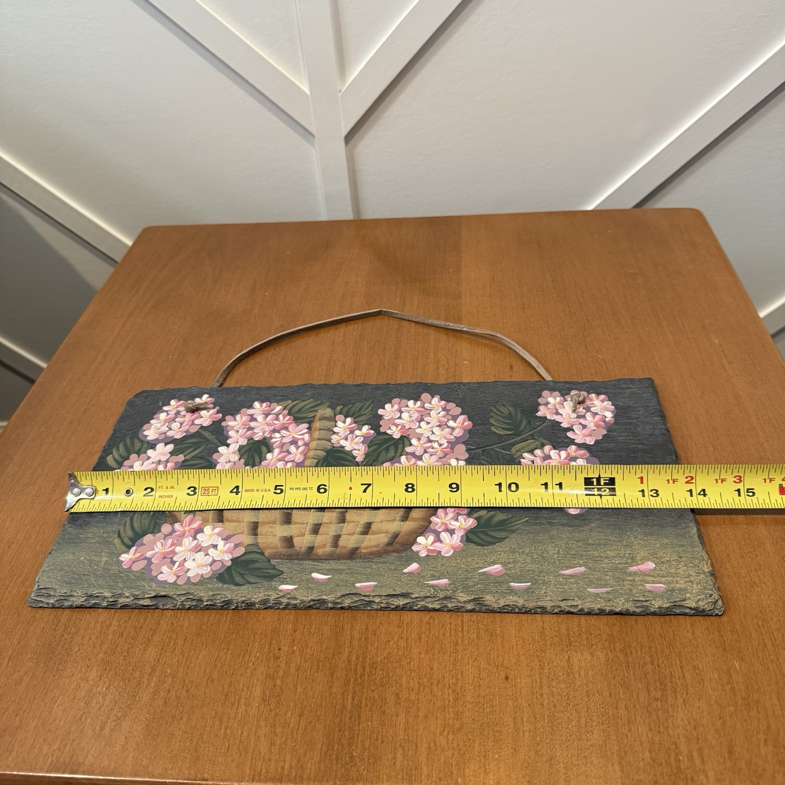 Natural Slate Handpainted Pink White Flower Basket Plaque Folk Art Farmhouse