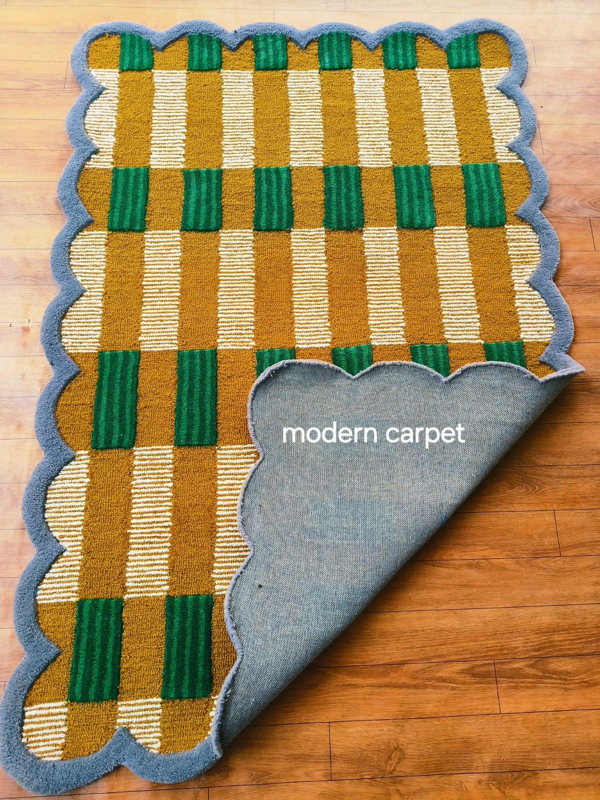 Modern Scalloped Border Area Rug Wavy Checkered Mustard Green Wool Carpet 8×10