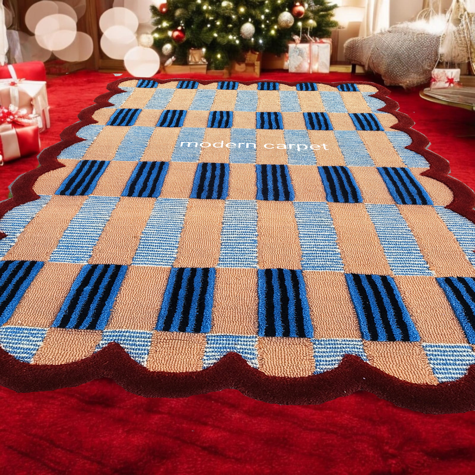 Handmade Checkered Wool Rug Blue Red | Scalloped Geometric Carpet Living Room