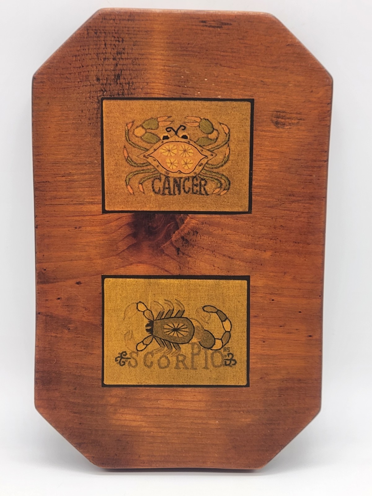 Vintage Handmade Lacquered Wood Wall Hanger Zodiac Cancer & Scorpio Astrology