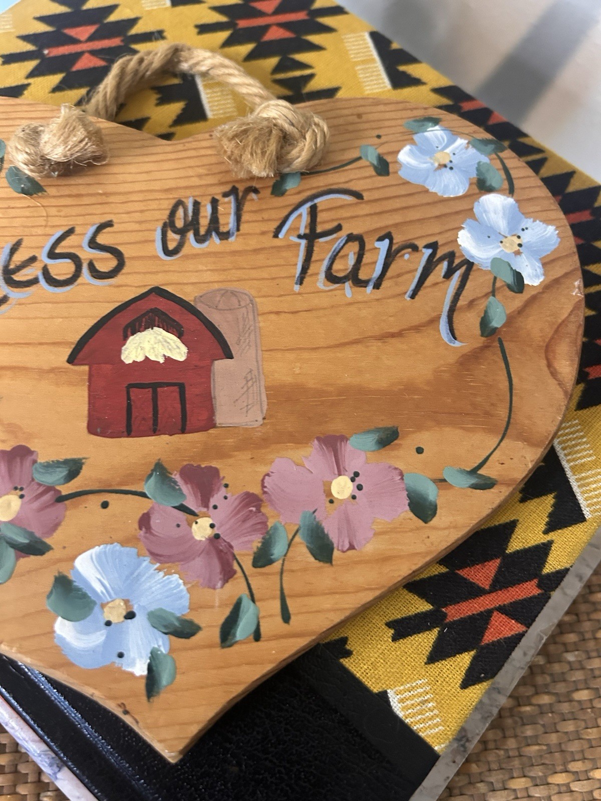 Vintage Bless Our Farm Wood Heart Wall Plaque Floral Medium Hand Painted Barn