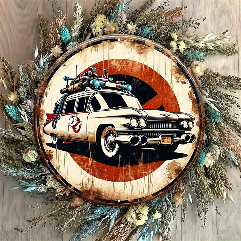 Wall Decor Ghostbusters Ecto-1 Car Vintage Metal Sign Retro Aluminum Round Wall