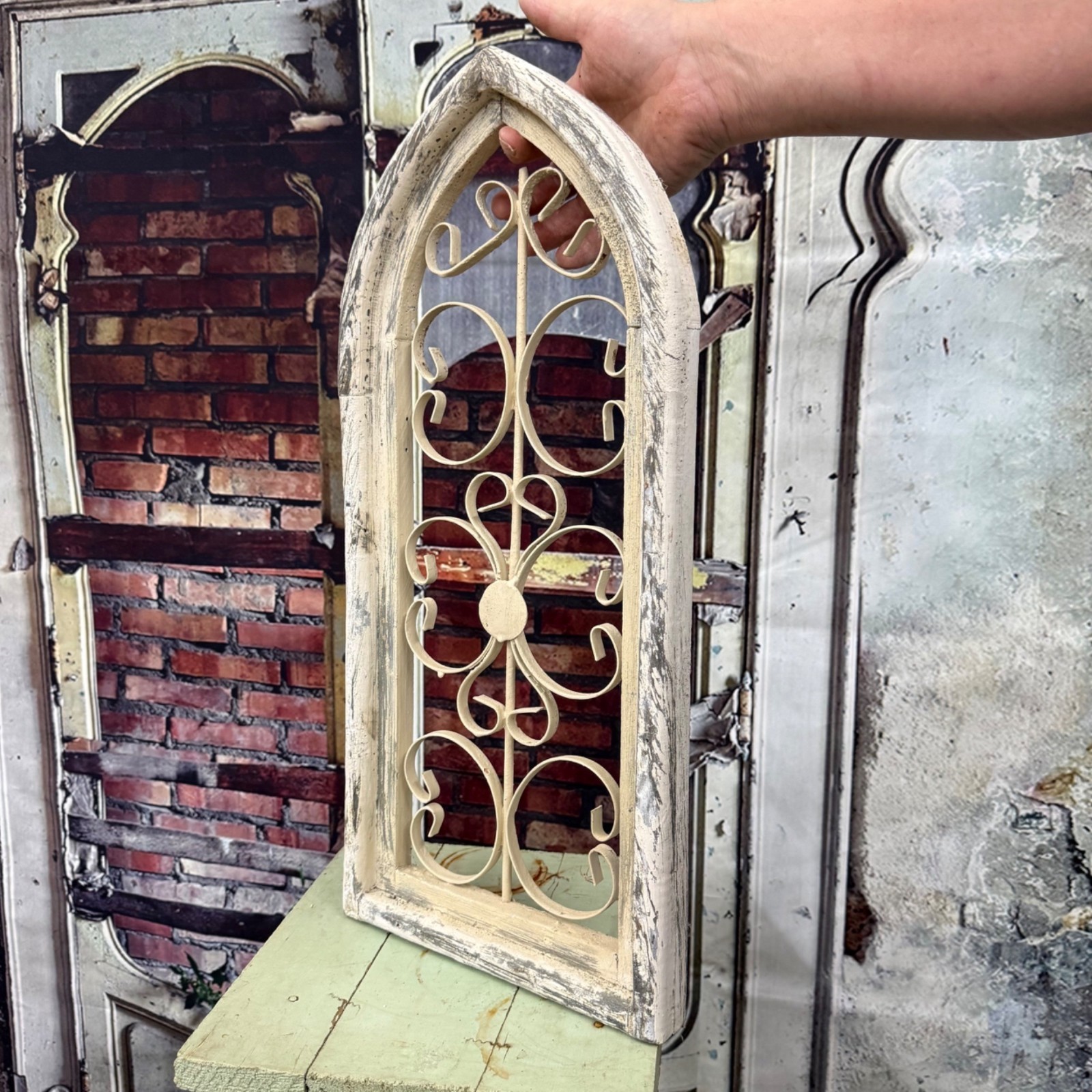 Vintage Rustic Distressed White Metal Arch Window Wall Decor Farmhouse Chic