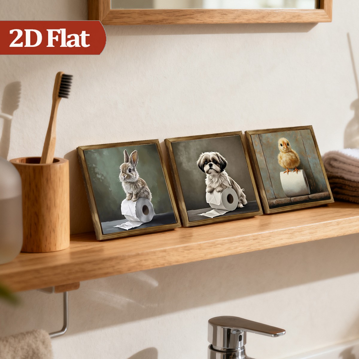3Pcs Rustic Puppy Bunny Duck Toilet Paper Wooden Sign Framed Farmhouse Decor