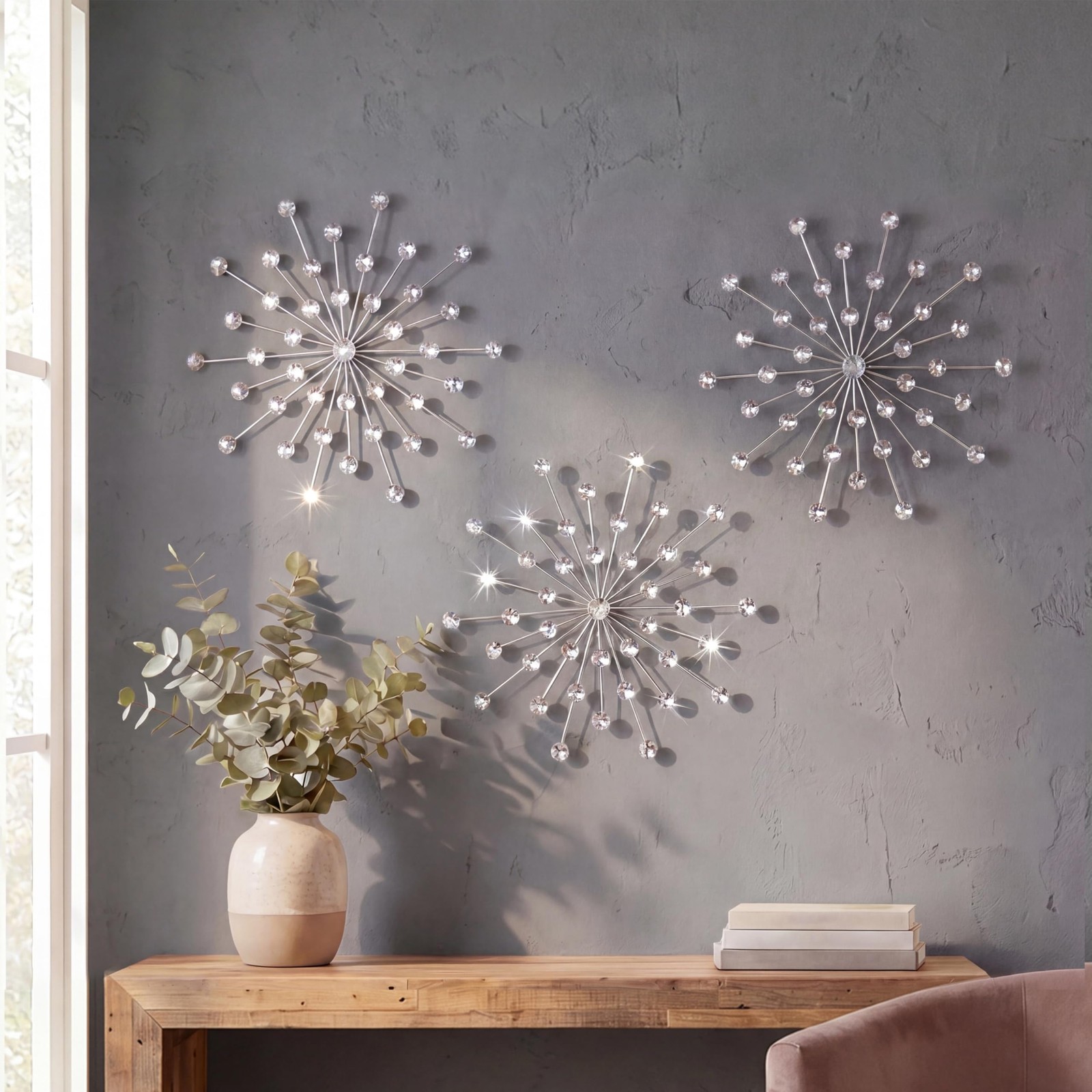 3 Set Silver Starburst Wall Art for Home Decor Metal Bling Crystal Rhinestone…