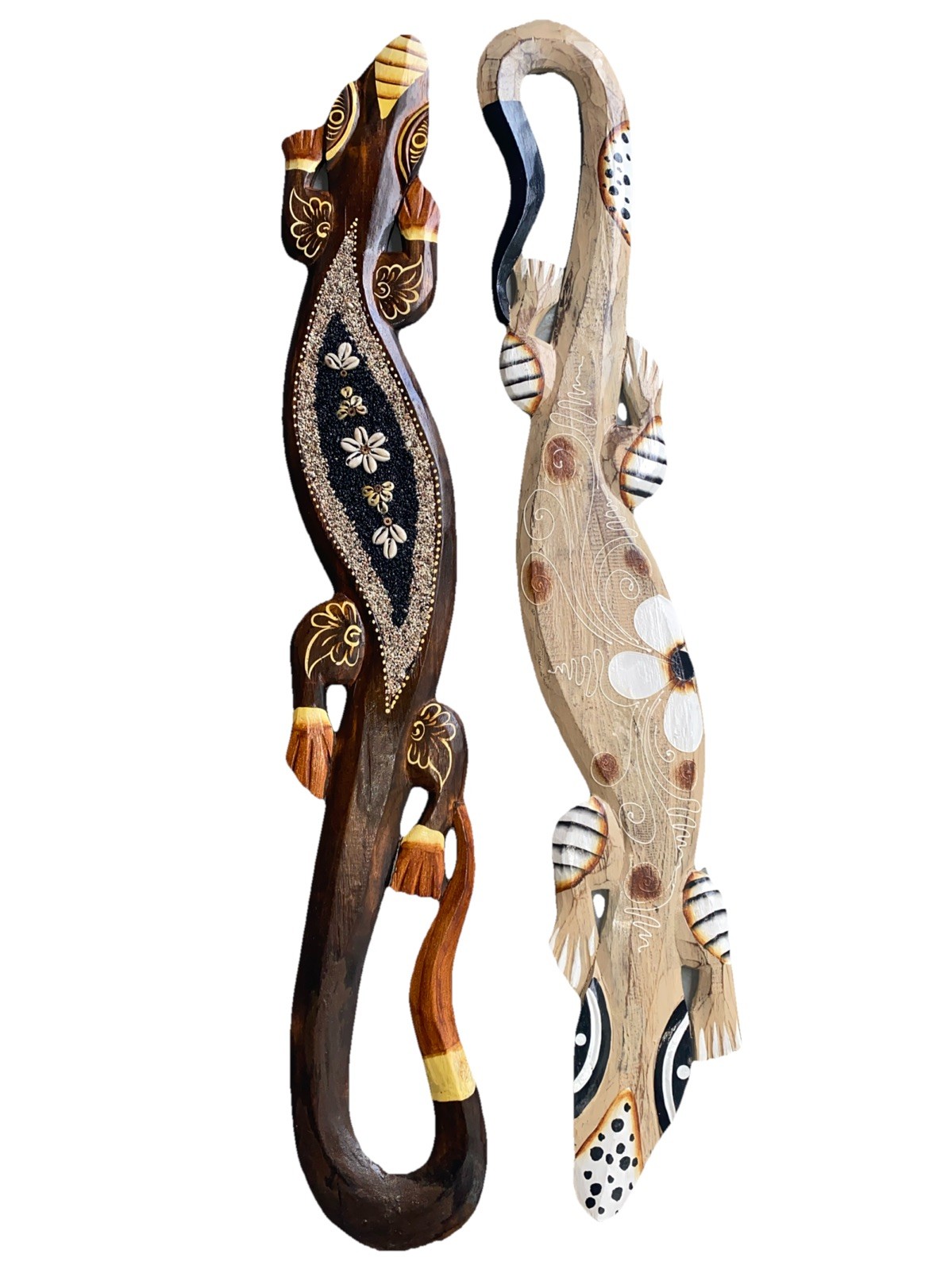 SET OF 2 40” GECKOS HAND CARVED WOOD WALL ART TROPICAL TIKI BAR DECOR