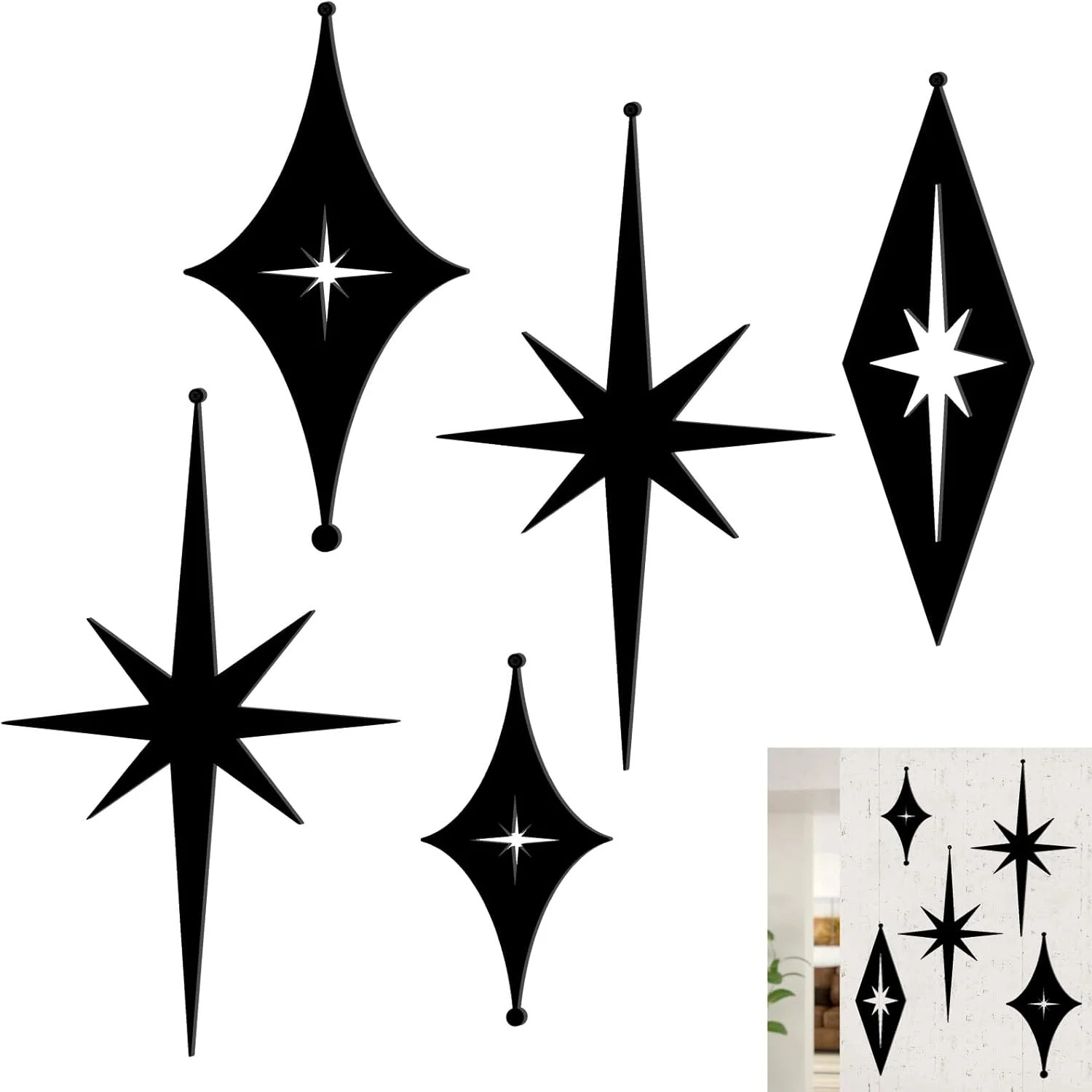 5 Pcs Iron Star Wall Decor Black Starburst Metal Wall Art Mid Century Modern Wal