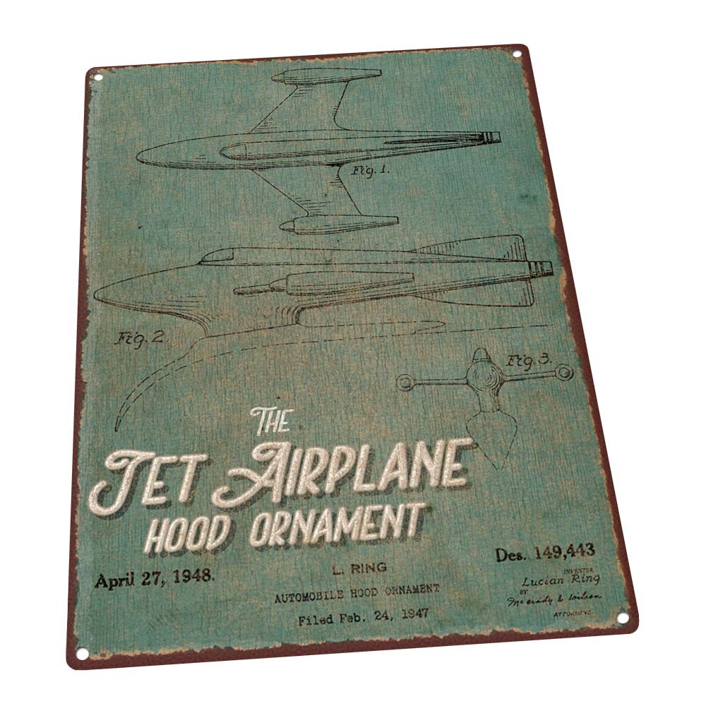Green Jet Airplane Hood Ornament Patent Illustration Metal Sign; Decor for Den