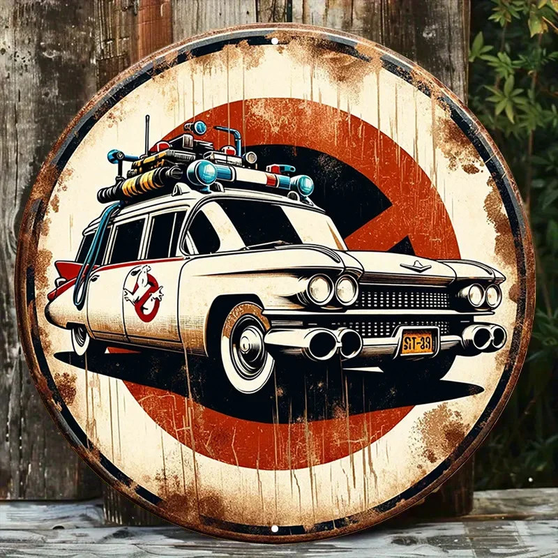 Wall Decor Ghostbusters Ecto-1 Car Vintage Metal Sign Retro Aluminum Round Wall