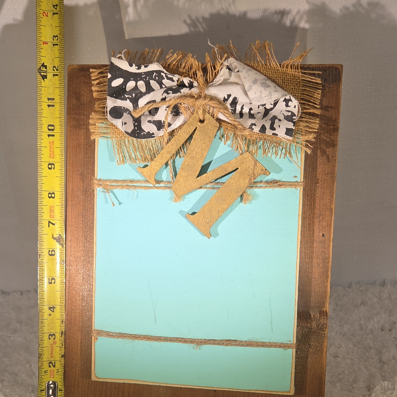 Decorative Wooden Plaque Rustic Letter M Bow Aqua Brown Gold Freestanding Medium