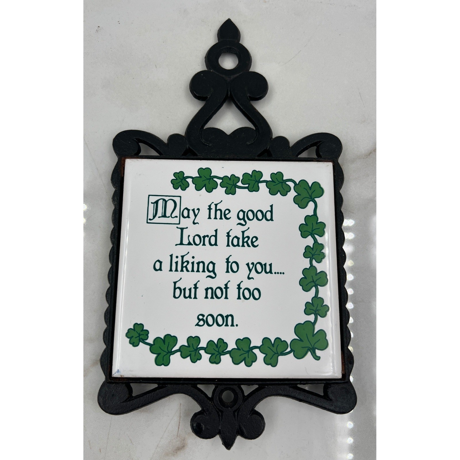 Vintage Papel Irish Blessing Trivet Wall Plaque Cast Iron Shamrock Tile 9×6