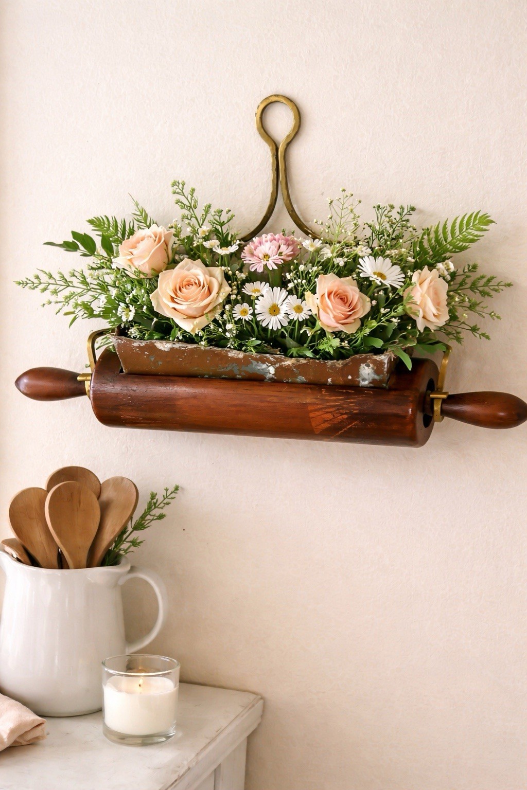 Vintage Wall-Mounted Rolling Pin Holder Wood & Brass Rustic Kitchen Decor Frmhs