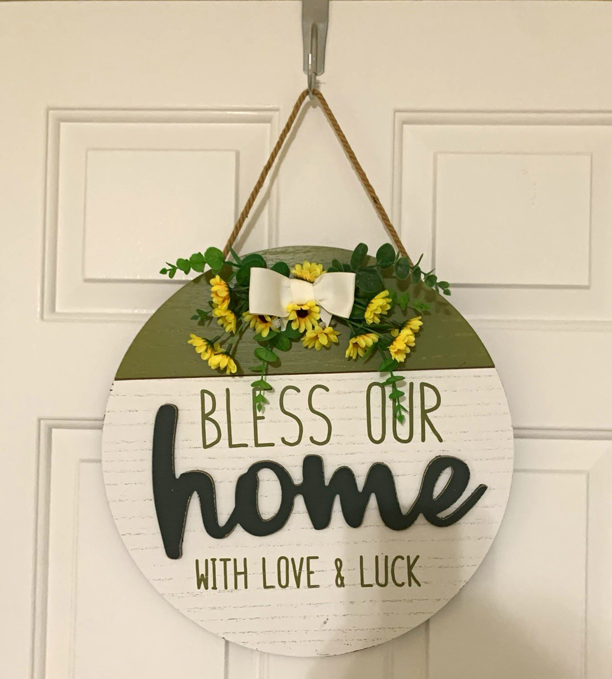 Round Wood Farmhouse Hanging Door Sign “Bless Our Home” Green Yellow Floral