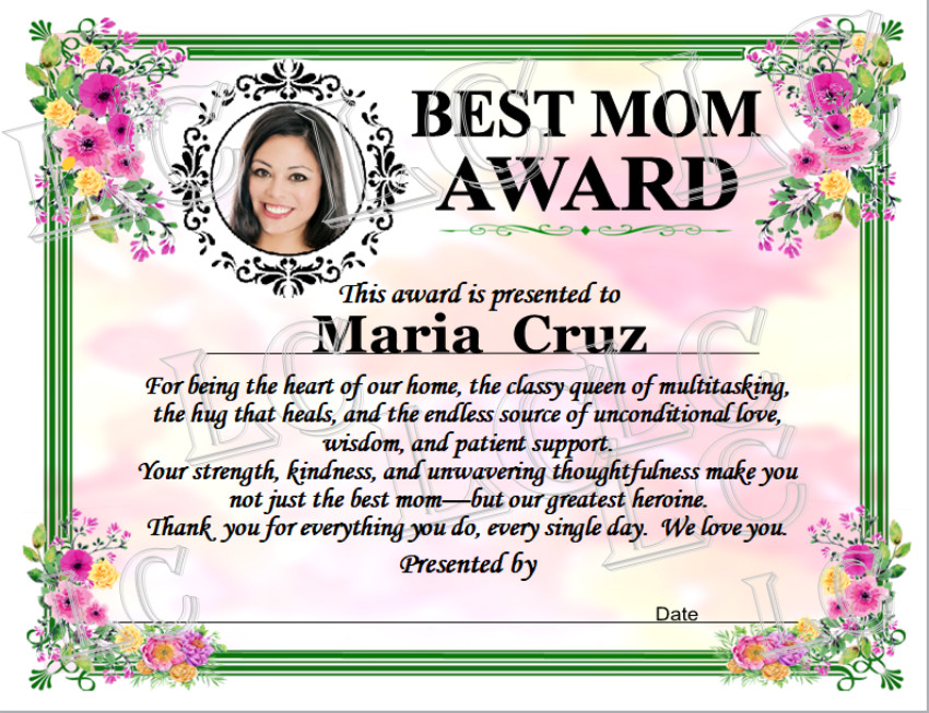 CUSTOM PERSONALIZED PHOTO NAME BEST MOM BEST AWARD CERTIFICATE MOTHER’S DAY GIFT